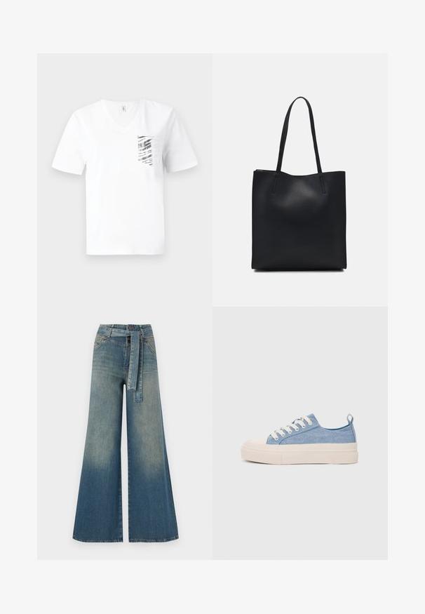 White cotton T-shirt with a V-neck, featuring a silver striped pocket design. Short sleeves and a relaxed fit.; Wide-leg denim trousers featuring a light to dark blue gradient, high waist, belt loops, and a matching fabric belt. Textured denim finish.; Light blue canvas sneakers with a cream rubber toe cap and outsole, featuring white laces and a pull tab on the heel.; Black leather tote bag with smooth texture, rectangular shape, and two long handles. No visible hardware or embellishments.