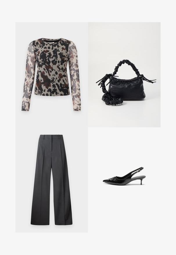 Majica z dolgimi rokavi iz lahkega, prosojnega materiala z leopardjim vzorcem v zemeljskih tonih črne, rjave in bež barve. Okrogla izrez.; Široke hlače iz temno sive tkanine, z visokim pasom, enim pregibom ter gladko teksturo z čisto obrobo na robovih.; Črne usnjene slingback pete z izostrenim nosom, majhno mačje peto in okrasno vozličasto podrobnostjo na sprednjem delu. Gladka tekstura po celotni površini.; Črna torbica iz umetnega usnja s krokodilovo teksturo, z zvitim vrhom in zmečkano naramico. Zdi se mehka in kompaktna v oblikovanju.