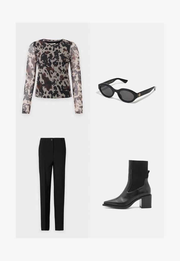 T-shirt de manga longa em tecido leve e transparente, com padrão de estampado de leopardo em tons terrosos de preto, castanho e bege. Decote redondo.; Calças pretas ajustadas com um design de perna reta, apresentando fecho de botão e passantes para cinto, feitas de tecido suave.; Bota ankle preta com bico fino, feita de couro liso e tecido elástico. Apresenta um salto bloco e um design minimalista.; Óculos de sol ovais pretos com lentes escuras e armação de plástico brilhante. Apresenta um logotipo dourado na haste, oferecendo um design elegante e moderno.; Bolsa de padrão azul feita de tecido, com um formato curvo, alça de couro preto e design de logotipo em uma tonalidade mais clara.