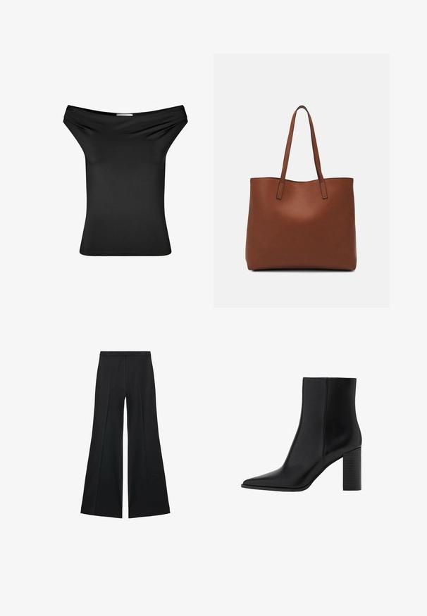 Zwarte off-the-shoulder top van gladde rekbare stof. Strakke pasvorm met gedrapeerde halslijn, korte mouwen en een rechte zoom.; Zwarte wijde-pijpen broek met een gladde textuur, gekenmerkt door voorplooien en een op maat gemaakte uitstraling. De stof is lichtgewicht en vloeiend.; Zwarte leren enkellaars met een spitse neus, vierkante hak, een gladde textuur en stikdetails langs de naden. De hakken zijn ongeveer 8,9 cm hoog.; Bruine leren tote bag met een gladde textuur, een ontwerp met een open bovenkant en twee schouderbanden. Kenmerkt zich door minimale stiksels en geen zichtbare hardware.; Mango Armband - gold-coloured