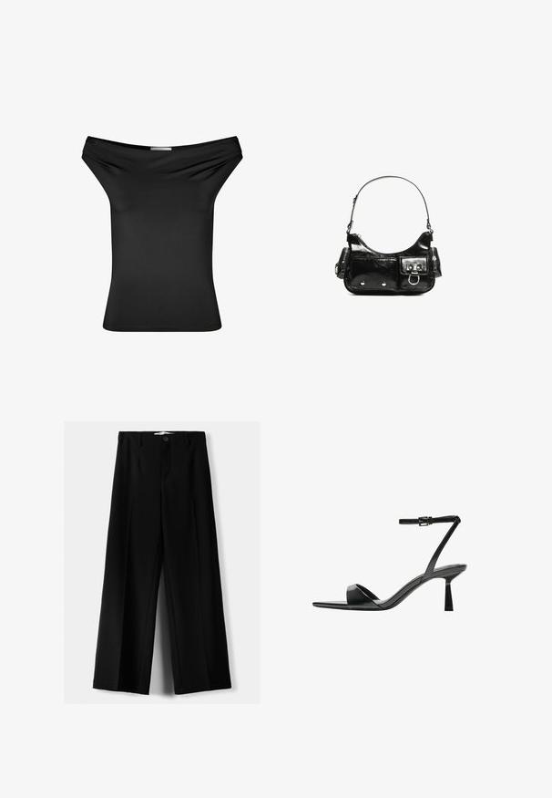 Čierny top s odhalenými ramenami vyrobený z hladkého elastického materiálu. Úzky strih s drapériou v oblasti krku, krátkymi rukávmi a rovnými okrajmi.; Čierne široké nohavice z ľahkého materiálu, s predným zapínaním na gombík a plochým predným dielom, s pekne ušitými lemami.; Bershka Sandále na vysokom opätku - black; Čierna laková kožená kabelka s ohnutým tvarom, jedným ramenným popruhom, prednými vreckami a striebornými kovovými doplnkami.