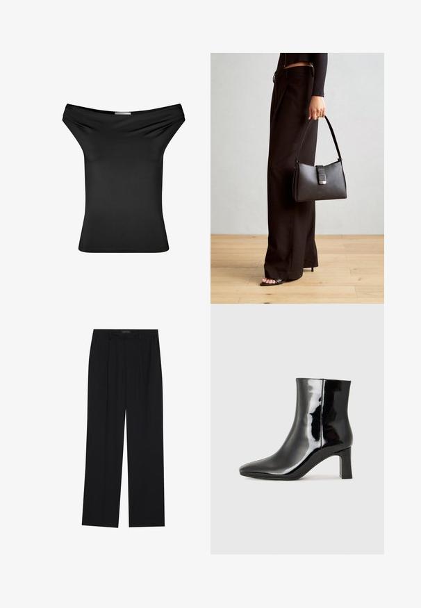 Zwarte off-the-shoulder top van gladde rekbare stof. Strakke pasvorm met gedrapeerde halslijn, korte mouwen en een rechte zoom.; Zwarte broeken met een rechte pijpontwerp, voorzien van twee voorkanten zakken en een tailleband. Gemaakt van een gladde, lichte stof.; Zwarte gepolijste leren enkellaars met een spitse neus en een blokhak van gemiddelde hoogte. Glad textuur en minimalistisch ontwerp.; Zwarte handtas met gestructureerde vorm, gladde textuur en een metalen sluiting. Gecombineerd met brede zwarte broeken en sandalen met open teen op een houten vloer.
