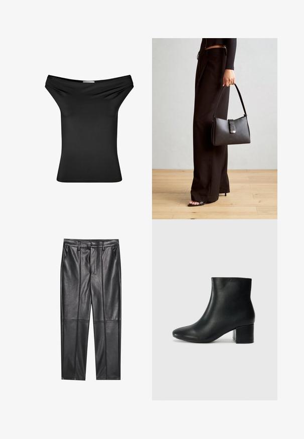 Zwarte off-the-shoulder top van gladde rekbare stof. Strakke pasvorm met gedrapeerde halslijn, korte mouwen en een rechte zoom.; Zwarte leren broeken met een gladde textuur, voorzien van een rechte pasvorm, twee voorzakken en zichtbare naaddetail.; Zwarte leren enkellaarzen met een spitse neus en een chunky hak. Gladde textuur met minimale accenten en een slank, strakk ontwerp.; Zwarte handtas met gestructureerde vorm, gladde textuur en een metalen sluiting. Gecombineerd met brede zwarte broeken en sandalen met open teen op een houten vloer.