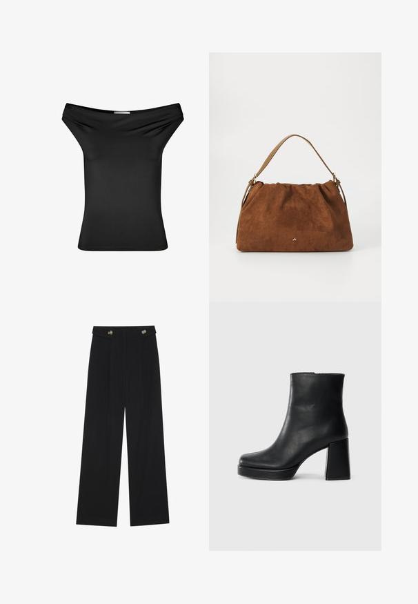 Juodas offtas peties viršus, pagamintas iš lygaus tampraus audinio. Prigludusi konstrukcija su drapiruotu iškirpimu, trumpomis rankovėmis ir tiesiu hemu.; Juodi plačios kojos kelnės su aukštu liemeniu, sagų detalėmis ant liemens ir priekinėmis raukšlėmis.; Juodas odinis kulkšninis botas su bloku ir platformos padu, matomas šoniniu vaizdu ant balto fono.; Ruda zomšos rankinė su susiraukšlėjimu, turinti vieną šviesiai rudos odos rankeną ir subtilų auksinį logotipo detalę priekyje.