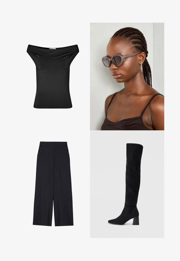 Črn top brez naramnic, izdelan iz gladkega elastičnega materiala. Prilegajoč kroj z drapiranim ovratnikom, kratkimi rokavi in ravnim robom.; Široke hlače iz temno modrega materiala, z gladko teksturo, sprednjimi gubami in dekorativnimi zlatimi kopčami na stranskih žepih.; Črne semiš škornje do kolen z blok peto, s koničastim nosom in gladkim, brezšivnim dizajnom na enostavni svetli podlagi.; Sive velike sončne očala z zaobljeno obliko in temnimi lečami. Elegantno plastično ogrodje z gladko površino. Model ima spletene lase.