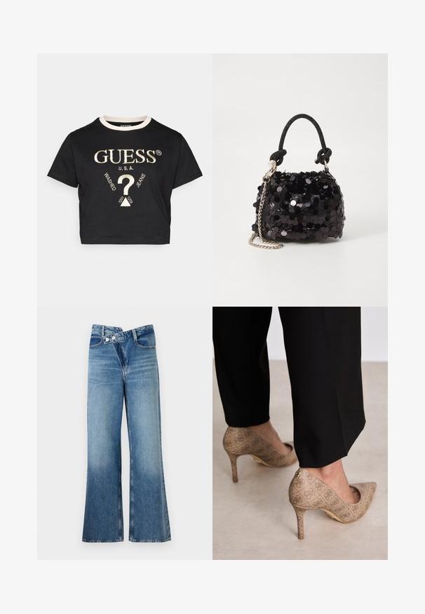 Musta lühike t-särk, mis on valmistatud puuvillast ja millel on valge ribaga kaelus. Särgil on kuldne tikand "GUESS U.S.A." logoga ja graafilised detailid.; Heledad sinise denimi laienevad teksad kõrge vöökohaga, millel on kaks nööpi ja eesnahk. Kangas on tuhm tekstuuriga, kus on kergeid varieeruvaid toone.; Beige kõrged kontsad, mis on valmistatud tekstureeritud kangast, millel on korduv muster. Terava nina disain tagakülje aktsendi ja kuldse kontsiga.; Must have mustrõngus mustal sädelev mini käekotil on sõlme tekstuuriga rihm ja hõbedane ketis. Ümar kuju, kokku kogutud ülaosa ja peegeldav detail.