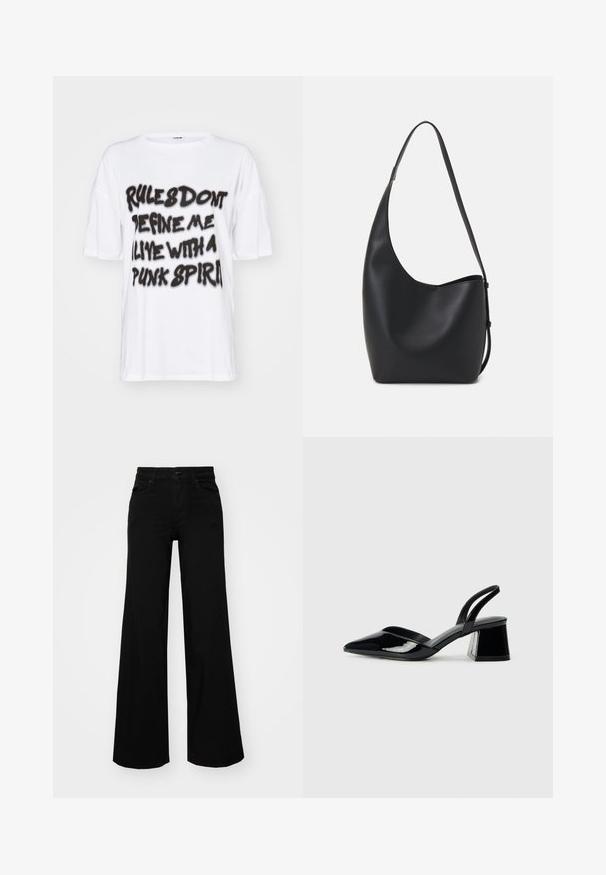Noisy May SERA ONECK VIP - Potiskana majica - bright white; Črne široke denim hlače s strukturiranim pasom, z zankami za pas in sprednjimi žepi. Gladka tekstura s klasičnim dizajnom.; Črne lakirane slingback pete s koničastim nosom in geometrijsko blokasto peto. Imajo eleganten, minimalističen dizajn in gladko teksturo.; Črna usnjena hobo torba z gladko teksturo, ukrivljeno obliko in eno nastavljivo naramnico; ima širok odprtina na vrhu.