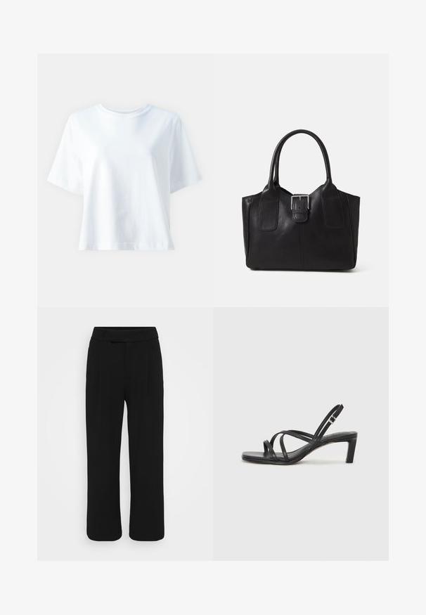 Biele bavlnené tričko s okrúhlym výstrihom, krátkymi rukávmi, voľným strihom a hladkou textúrou. Bez vzorov alebo akcentov.; Čierne nohavice s voľným strihom vyrobené z hladkej tkaniny, s plochým predným dielom, pútkami na opasok a bez viditeľných vreciek. Čistý, prispôsobený dizajn.; Čierne sandále na vysokom podpätku so štvorcovou špičkou a nízkym blokovým podpätkom. Obsahujú viacero tenkých popruhov a nastaviteľný členkový popruh. Vyrobené z hladkej kože.; Čierna kožená taška s hladkou textúrou, štruktúrovaným tvarom, dvoma uchami a výrazným strieborným prackovým detailom na prednej strane.