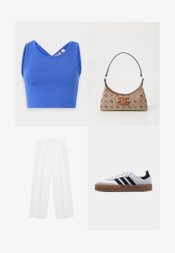 Top scurt albastru, realizat dintr-un material texturat. Prezintă un design cu decolteu în V și o croială fără mâneci, având o siluetă ajustată.; Pantaloni albi cu croi larg, dintr-o textură fină, având un talie înaltă și două buzunare laterale. Design simplu, fără modele vizibile.; Adidași din piele albă cu dungi negre, talpă din cauciuc, vârf rotund, sistem de închidere cu șireturi și capac de vârf din nubuc gri moale.; Geantă tip tote din material bej, cu accente maro cu model. Prezintă o formă curbată, o singură curea și o placă cu logo în față, cu accesorii din metal argintiu.