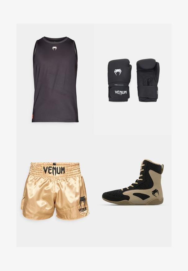 Juodas be rankovių sportinis marškinėlis, pagamintas iš lygaus, lengvo audinio. Pasižymi mažomis baltomis logotipo detalėmis krūtinėje ir šoniniuose elementuose.; Auksiniai satino bokso šortai su juodu "VENUM" logotipu ant juosmens ir šonų, pasižymintys lygiu paviršiumi ir elastingu juosmeniu patogumui.; Aukštesni sportiniai batai, turintys juodą tinklinį paviršių su smėlio spalvos akcentais. Tekstūruota gumos pašiūrė ir logotipo detalė šonėje.; Juodos bokso pirštinės su lygiu paviršiumi, su baltu "Venom" logotipu ir reguliuojamu kabliuko ir kilpelės dirželiu, užtikrinančiu saugų prigludimą.