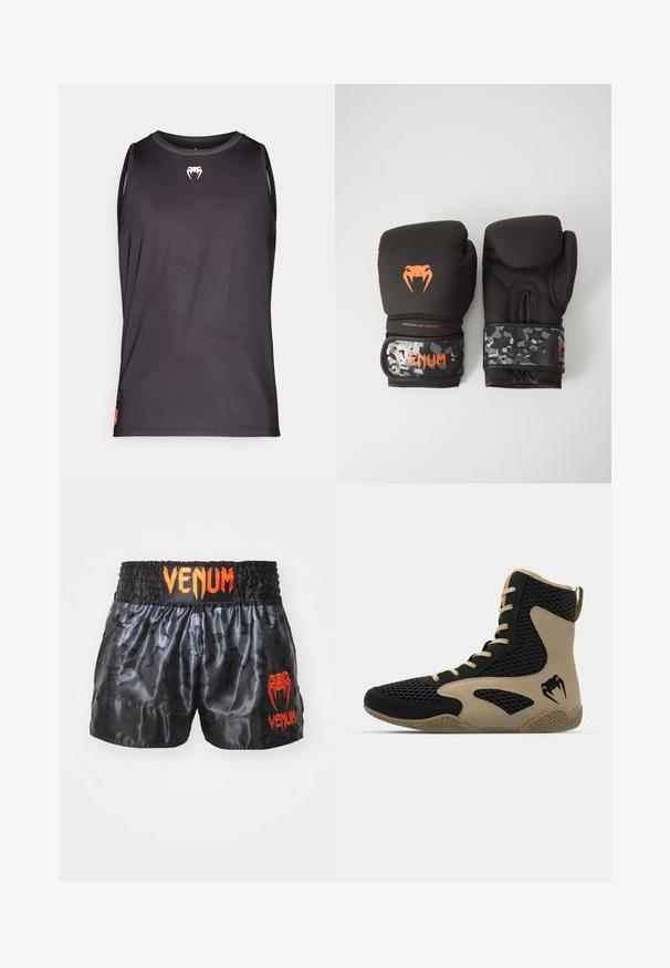 Sort ærmeløs sports tanktop lavet af glat, letvægtsstof. Har et lille hvidt logo på brystet og sidepaneler med detaljer.; Sorte satin bokseshorts med camouflage-mønster, der har elastisk talje og logoet "VENUM" i lys orange på forsiden.; Høj-top atletisk sko med en sort mesh-yderside og beige accenter. Tekstureret gummisål og detaljeret logo på siden.; Sorte boksehandsker med mat finish og ergonomisk design. Orange logodetaljer og håndledsstropper med camouflage-mønster.