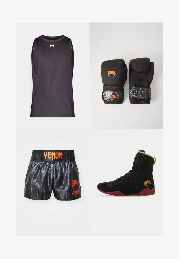 Black sleeveless athletic tank top made of smooth, lightweight fabric. Features a small white logo on the chest and side panel accents.; Black satin boxing shorts with a camouflage pattern, featuring an elastic waistband and bright orange "VENUM" logo on the front.; High-top athletic shoe with black mesh and synthetic material, textured accents, red rubber sole, and gold detailing on the ankle.; Black boxing gloves with a matte finish and ergonomic design. Orange logo detailing and camouflage-patterned wrist straps.