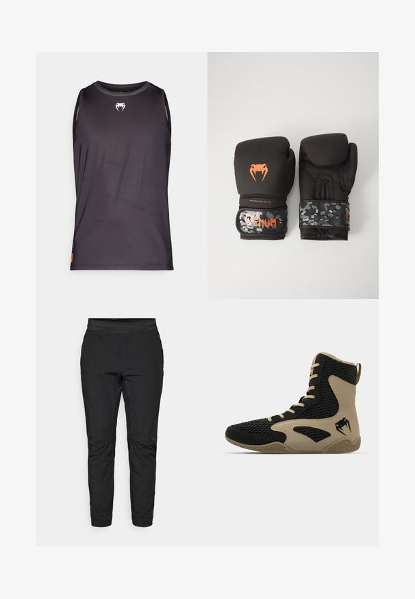 Sort ærmeløs sports tanktop lavet af glat, letvægtsstof. Har et lille hvidt logo på brystet og sidepaneler med detaljer.; Sorte strækbukser med en tætsiddende pasform, elastisk talje og lynlåslommer. Glat tekstur med en let skinnende finish.; Høj-top atletisk sko med en sort mesh-yderside og beige accenter. Tekstureret gummisål og detaljeret logo på siden.; Sorte boksehandsker med mat finish og ergonomisk design. Orange logodetaljer og håndledsstropper med camouflage-mønster.