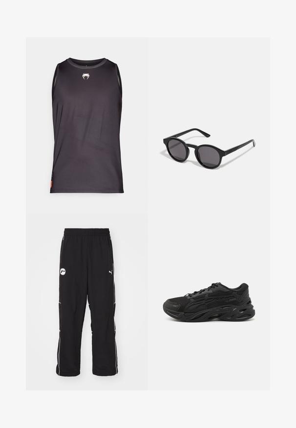 Top atletico senza maniche di colore nero, realizzato in un tessuto leggero e liscio. Presenta un piccolo logo bianco sul petto e accenti sui pannelli laterali.; Pantaloni sportivi neri con vestibilità rilassata, cintura elastica, piping bianco sui lati e dettagli con logo sulla coscia sinistra. Tessuto leggero.; Scarpe da ginnastica nere realizzate in materiali mesh e sintetici, con un design testurizzato, punta arrotondata, suola spessa e logo del brand ben in evidenza.; Occhiali da sole neri con una montatura rotonda e leggermente ondulata, lenti scure e aste nere diritte. Finitura liscia e lucida senza motivi visibili.