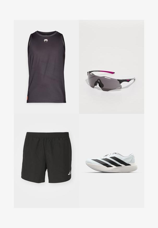 Svart ermeløs treningstopp laget av glatt, lett stoff. Har en liten hvit logo på brystet og sidepaneldetaljer.; Sorte atletiske shorts med elastisk midje, sidelukninger og reflekterende logo aksenter. Laget av lett, glatt stoff.; Lette løpesko i lys blå med svarte striper. Har en myk overdel, rund tå og tykk hvit mellomsole merket "LIGHTSTRIKE PRO."; Sport solbriller med en slank svart ramme, lilla detaljer og mørkt fargede linser. Har en innfatning som omslutter ansiktet med ventilasjonsåpninger.