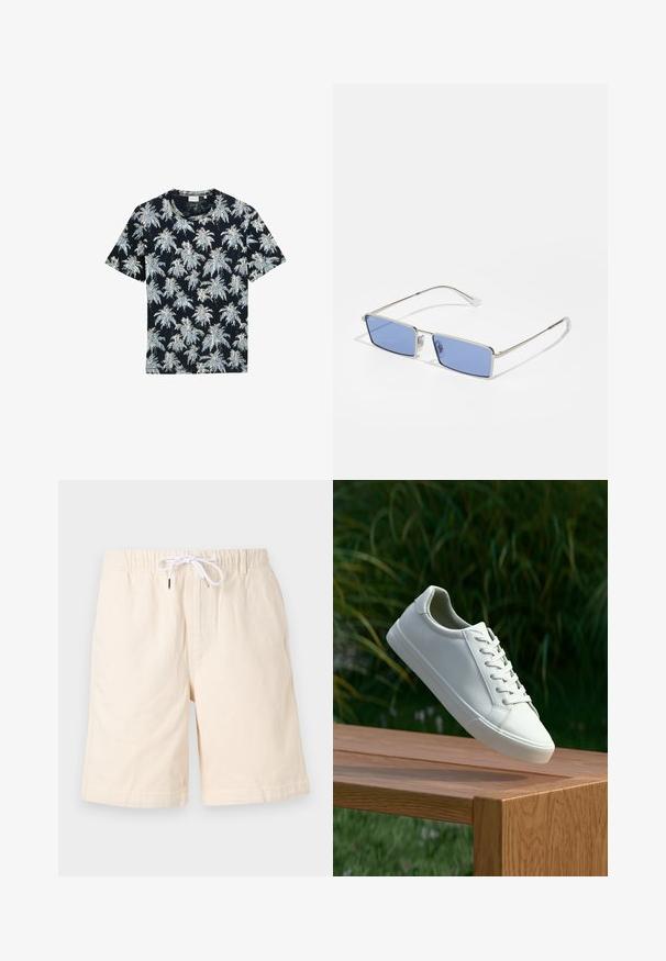 T-shirt a maniche corte blu navy con un motivo di palme bianche e azzurre. Realizzato in tessuto morbido con collo rotondo e vestibilità comoda.; Pantaloni corti in cotone beige con una vestibilità rilassata, cintura elastica e coulisse bianca. Presentano tasche laterali e una texture liscia.; Sneaker bianco con lacci sospeso sopra una panchina di legno, con fogliame verde sullo sfondo, che mette in mostra il design e la texture della scarpa.; Occhiali da sole in metallo con forma rettangolare, lenti colorate di blu e montatura argentata. Presentano naselli e gambe sottili e dritte.