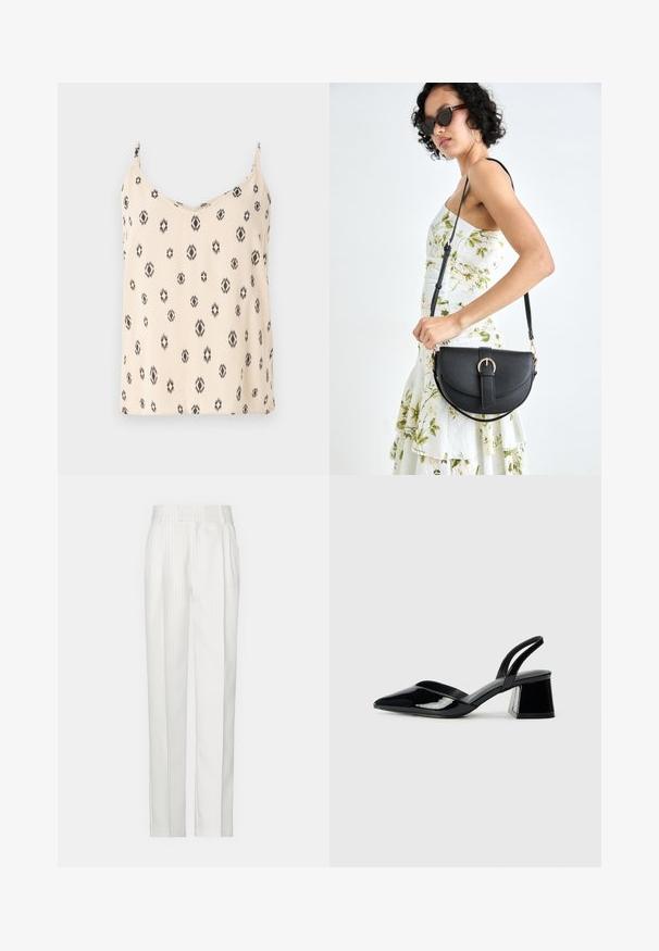 Top sin mangas en crema con patrones geométricos negros, tejido suave, tirantes ajustables y escote en V.; Pantalones blancos a rayas con un diseño de pierna recta, hechos de una tela ligera. Presenta pliegues en la parte delantera y una cinturilla tradicional.; Zapatos de tacón slingback de charol negro con punta afilada y tacón geométrico en bloque. Presentan un diseño elegante y minimalista, así como una textura suave.; Bolso de piel negra con forma curva, correa desmontable y herrajes dorados. El bolso cuenta con una solapa con un detalle de hebilla.