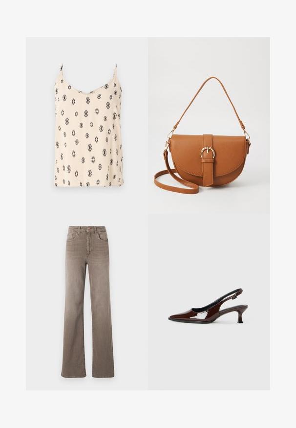 Krémový tielko s čiernymi geometrickými vzormi, jemná tkanina, nastaviteľné ramienka a výstrih do V.; Hnedé high-waist rovné džínsy so zapínaním na prednej strane, pútkami na opasok a klasickým dizajnom s piatimi vreckami na bielom pozadí.; Hnedá lakovaná slingback obuv s špicatou špičkou a mierne vysokým opätkom. Obsahuje pracku pre bezpečné upevnenie. Hladká textúra.; Hnedá kožená kabelka cez telo s zakriveným tvarom, zlatými kovovými doplnkami a akcentom s prackou. Obsahuje odnímateľný ramenný popruh.