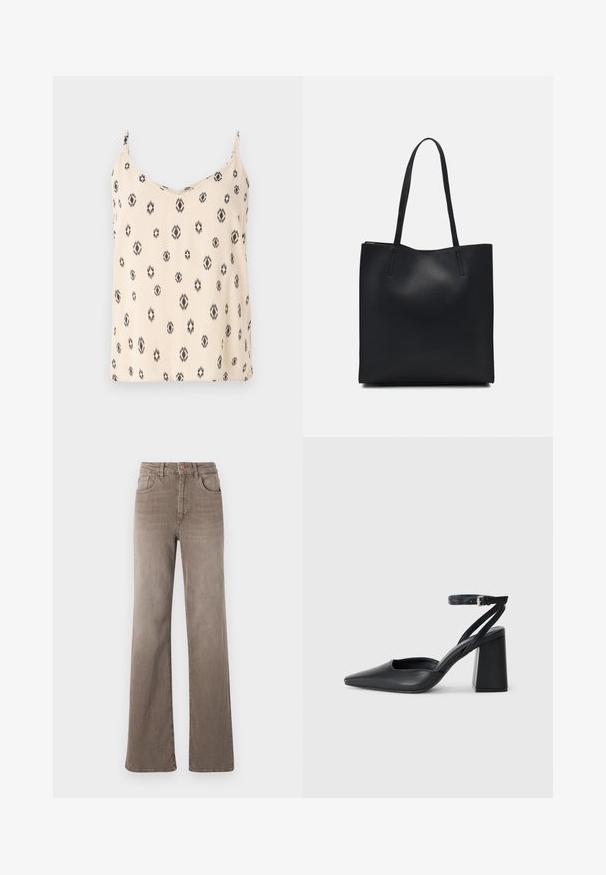 Kremowy top na ramiączkach z czarnymi geometrycznymi wzorami, miękka tkanina, regulowane ramiączka oraz dekolt w kształcie litery V.; Brązowe dżinsy o wysokim stanie i prostych nogawkach z guzikami z przodu, pętelkami na pasek oraz klasycznym pięciokomorowym designem na białym tle.; Czarne skórzane czółenka z ostrym noskiem, z paskiem na kostce i grubym obcasem. Gładka faktura, elegancki design i minimalistyczna estetyka.; Czarna skórzana torba tote o gładkiej fakturze, prostokątnym kształcie i dwóch długich uchwytach. Brak widocznych elementów metalowych i ozdób.