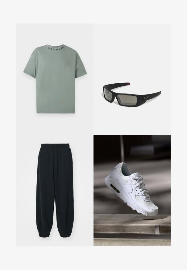 Lysegrønn kortermet Nike t-skjorte med rund hals og svart "NIKE" tekst nær kragen, vist på en enkel hvit bakgrunn.; Sorte, joggebukser med elastisk liv, løs passform, mansjetter på ankler, glatt tekstur og uten synlige mønstre eller hardware-detaljer.; Hvit Nike Air Max 90 sneakers med øvre del laget av mesh og skinn, perforert tåboks og en synlig luftenhet i hælen.; Sorte solbriller med mat finish, rektangulære linser, lett kurv på brillestengene, diskret logo detaljer, og røyktinted linser.