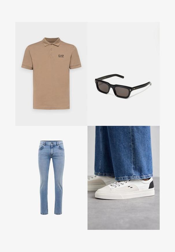 EA7 Emporio Armani TRAIN CORE - Poloskjorter - portabella; Lyseblå denimjeans med slim fit, fem lommer og rett bendesign. Har glidelås og beltehemper. Myk tekstur.; Hvite og svarte joggesko med en glatt læroverdel, teksturerte detaljer og en kraftig hvit såle. Har en klassisk snøring.; Sorte rektangulære solbriller med mørke linser, tykk plastikkramme, gullaccenter på skulderpartiet og merkevarelogo gravert på armen.