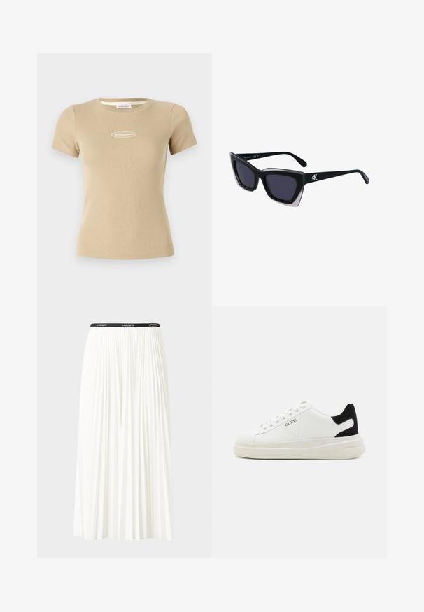 Bež majica s kratkimi rokavi in rebrastim vzorcem, okroglim izreza in belim logotipom "guess jeans" spredaj. Mehka tekstura tkanine.; Gubasta bela krila z črnim elastičnim pasom, ki nosi logotip "LACOSTE". Srednje dolga zasnova z mehkobo tkanine.; Bele usnjene športne copate z debelim belim podplatom, črnimi semišnimi detajli na peti in utisnjenim logotipom na strani. Zavezovanje s šestimi luknjicami.; Črne prevelike sončne očala geometrijske oblike, z temnimi lečami in kontrastno sivo podrobnostjo na okvirju. Logo na ročaju.
