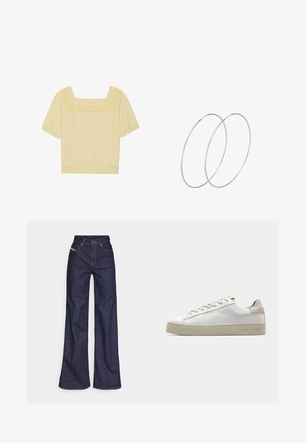 Short-sleeve, square-neck top in light yellow cotton, featuring a textured knit detail along the neckline and a relaxed fit.; Dark blue wide-leg jeans in denim fabric with a high waist, featuring orange stitching, five-pocket design, and a button closure.; White leather sneaker with a smooth finish, beige suede accents, round toe, flat lace-up design, and a textured rubber sole.; Silver hoop earrings with a minimalist design. Circular shape, smooth texture, and thin profile. Lightweight with a polished finish.