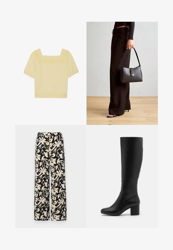 Rövid ujjú, négyzetnyakú felső világos sárga pamutból, texturált kötésű részletekkel a dekoltázson és laza szabással.; Fekete, bő szárú nadrág krém színű virágmintával. Könnyű anyagból készült, sima tapintású és magas derékrésszel rendelkezik.; Térd fölé érő fekete bőr csizmák sima textúrával, kerek orral, oldalsó panellel és vastag tömbsarkal.; Fekete kézi táska strukturált formával, sima textúrával és fémből készült záródással. Széles fekete nadrággal és nyitott orrú szandállal párosítva, fából készült padlón.