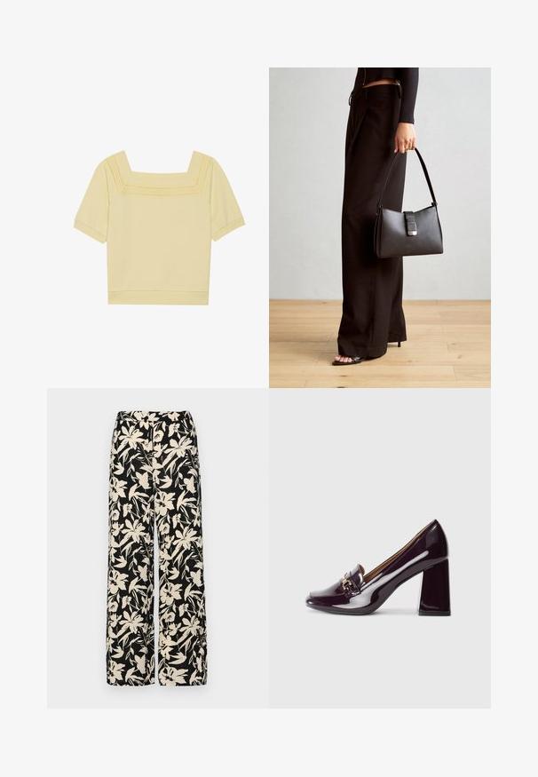 Krátky rukáv, štvorcový výstrih v svetložltej bavlne, s textúrovaným pleteným detailom pozdĺž výstrihu a voľným strihom.; Čierne nohavice s širokými nohavicami a krémovým kvetinovým vzorom. Vyrobené z ľahkej látky, s hladkou textúrou a vysokým pásom.; Lodné lodičky na vysokom podpätku v lesklých tmavo fialových lakovaných kožených materiáloch, s okrúhlou špičkou a zlatou sponou na vrchu.; Čierna kabelka so štruktúrovaným tvarom, hladkou textúrou a kovovou sponou. V kombinácii so širokými čiernymi nohavicami a sandálmi s otvorenou špičkou na drevenej podlahe.