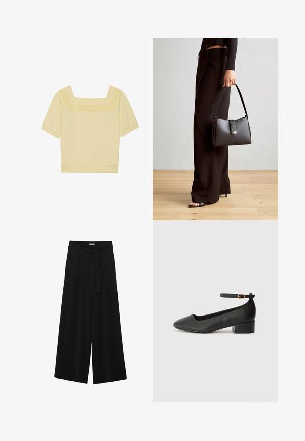 Rövid ujjú, négyzetnyakú felső világos sárga pamutból, texturált kötésű részletekkel a dekoltázson és laza szabással.; Fekete, bő szárú nadrág, texturált anyagból, rugalmas derékpánttal és levehető sállal a derekán, amely állítható illeszkedést biztosít.; Fekete bőr magassarkú cipő hegyes orral és alacsony tömb sarkal. Bokapánttal rendelkezik, aranyszínű csattal. Simább textúra.; Fekete kézi táska strukturált formával, sima textúrával és fémből készült záródással. Széles fekete nadrággal és nyitott orrú szandállal párosítva, fából készült padlón.