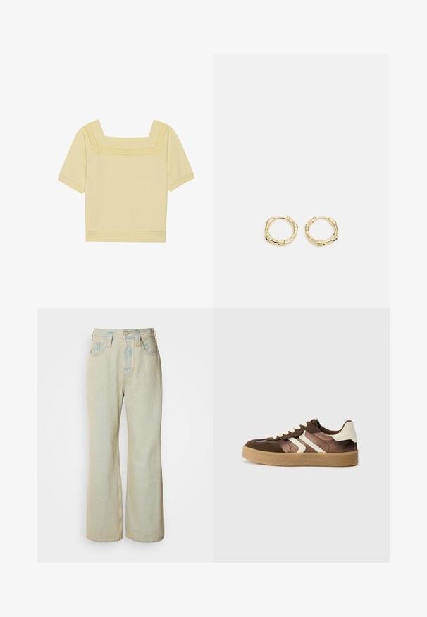Korte mouw, top met vierkante hals in lichtgele katoen, met een gestructureerd brei-detail langs de halslijn en een relaxte pasvorm.; Lichtblauwe wijde jeans van denim, met een hoge taille, vijf zakken en subtiele vervaging met contrasterende stiksels.; Bruine en crèmekleurige sneakers van een combinatie van suede en satijn, met drie diagonale strepen en een gestructureerde gumrubberen zool.; Gouden creolen met een textuur en onregelmatige vorm. Voorzien van een naadloze sluiting en een gepolijste afwerking, wat het moderne ontwerp benadrukt.