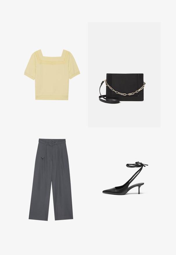 Kratki rukavi, top s kvadratnim izrezom od svijetložutog pamuka, s teksturiranim pletenim detaljem duž izreza i opuštenim krojem.; Hlače širokih nogavica u tamnosivoj tkanini s pojasom, s prednjim plisama i glatkom teksturom. Bez dodatnih uzoraka ili akcenata.; Crne kožne štikle s šiljastim vrhom, otvorenim leđima i remenčićima koji su vezani u mašnu. Tanak potplat visine 7,5 cm. Glatka tekstura, minimalistički dizajn.; Crna kožna torba preko tijela s glatkom teksturom, pravokutnim oblikom i metalnim lancem na prednjoj strani. Uključena je podesiva naramenica.