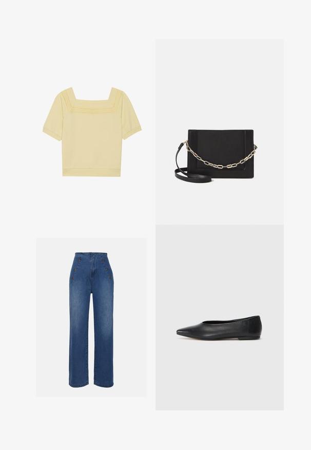 Srajca s kratkimi rokavi in kvadratnim dekoltejem iz svetlo rumenega bombaža, ki ima strukturirano pleteno podrobnost ob ovratniku in sproščen kroj.; Hlače iz jeansa z visokim pasom v srednje modri barvi. Imajo okrasne gumbe spredaj in širok kroj. Tkanina ima gladko teksturo z rahlim zbledelostjo.; Črne usnjene balerinke, koničast toe, minimalističen dizajn, gladka tekstura, nizka peta, brez vidnih kovinskih delov ali okraskov.; Črna usnjena torba čez ramo z gladko teksturo, pravokotno obliko in kovinskim verižnim detajlom spredaj. Vključena je nastavljiva naramnica.