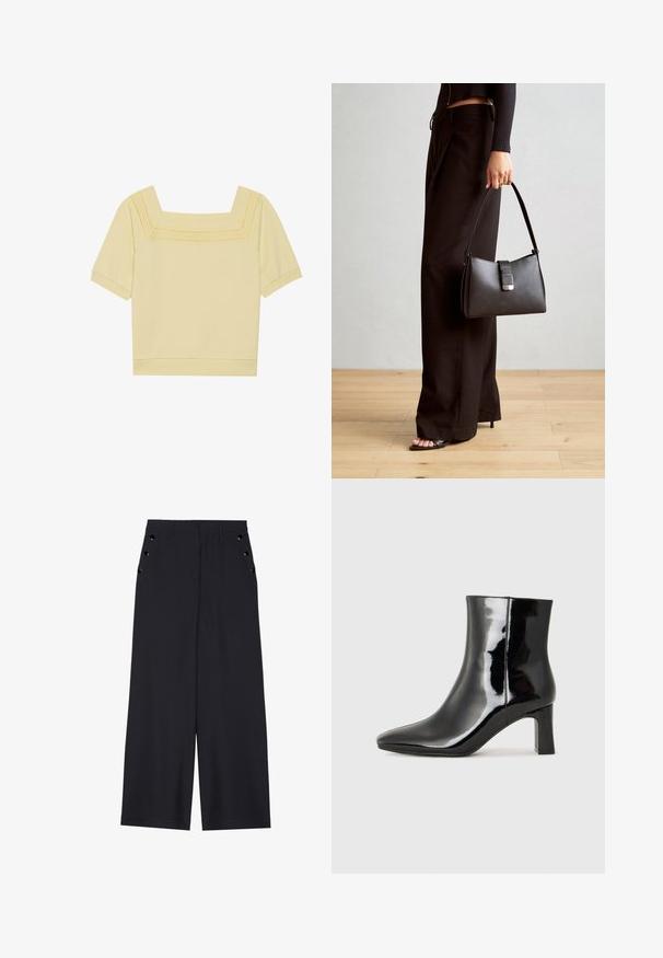 Rövid ujjú, négyzetnyakú felső világos sárga pamutból, texturált kötésű részletekkel a dekoltázson és laza szabással.; Sötét tengerészkék, széles lábú nadrág, sima textúrával, elől redőkkel és díszes, aranyszínű szélekkel a zsebeknél.; Fekete lakk bőrcipő bokáig érő, hegyes orral és közepes magasságú tömbsarokkal. Simább textúrával és minimalista dizájnnal rendelkezik.; Fekete kézi táska strukturált formával, sima textúrával és fémből készült záródással. Széles fekete nadrággal és nyitott orrú szandállal párosítva, fából készült padlón.
