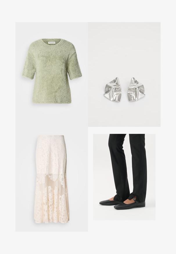 Kurzärmliger, flauschiger Pullover in Hellgrün. Weicher Stoff, Rundhalsausschnitt, lockere Passform, mit einer leicht weiten Silhouette und ohne sichtbare Hardware.; Blumige Spitzen-Midi-Rock in Creme; verfügt über ein geschichtetes Design mit transparenten Abschnitten, strukturierter Spitze und einem ausgestellten Saum.; Schwarze Leder-Ballerinas mit spitzer Zehenpartie, Riemchen mit silberner Schnalle, kombiniert mit schwarzen taillierten Hosen mit Schlitzsaum.; Silberne Metallohrringe mit einem wellenförmigen, skulpturalen Design, das eine polierte Oberfläche und unregelmäßige Formen aufweist, die eine zeitgenössische Ästhetik betonen.