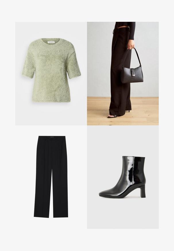 Rövid ujjú, bolyhos pulóver világos zöld színben. Puha tapintású, kerek nyakú, laza fazonú, enyhén bő sziluettel és látható kiegészítők nélkül.; Fekete nadrág egyenes szárú kialakítással, két első zsebbel és derékrésszel. Simának és könnyű anyagból készült.; Fekete lakk bőrcipő bokáig érő, hegyes orral és közepes magasságú tömbsarokkal. Simább textúrával és minimalista dizájnnal rendelkezik.; Fekete kézi táska strukturált formával, sima textúrával és fémből készült záródással. Széles fekete nadrággal és nyitott orrú szandállal párosítva, fából készült padlón.