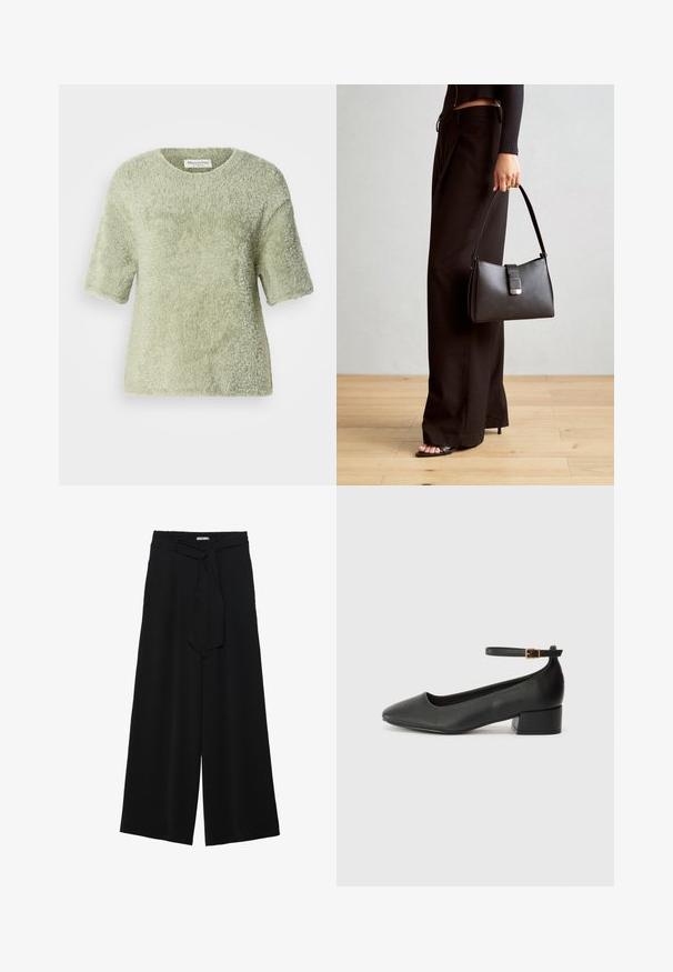 Kurzärmliger, flauschiger Pullover in Hellgrün. Weicher Stoff, Rundhalsausschnitt, lockere Passform, mit einer leicht weiten Silhouette und ohne sichtbare Hardware.; Schwarze weite Hosen aus strukturiertem Stoff, mit elastischem Bund und einem abnehmbaren Bindegürtel in der Taille für eine verstellbare Passform.; Schwarze Lederpumps mit spitzem Zehenbereich und niedrigem Blockabsatz. Mit einem Knöchelriemen und einer goldfarbenen Schnalle. Glatte Textur.; Schwarze Handtasche mit strukturierter Form, glatter Textur und einem metallischen Verschluss. Kombiniert mit weiten schwarzen Hosen und offenen Sandalen auf einem Holzboden.