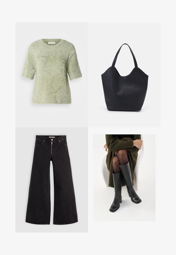 Kortermet, deilig genser i lys grønn. Myk tekstur, rund hals, avslappet passform med en litt løs silhuett og uten synlige detaljer.; Vide benbukser i sort denim med glidelås i front, fem-lomme design og subtile sømdetaljer. Glatt tekstur og avslappet stil.; Knæhøye sorte lærstøvler med firkantet tå og blokkhelt, vist med en modell som sitter iført en olivengrønn kåpe. Glatt tekstur, minimal detaljering.; Svart tote-veske laget av glatt lær, med en buet, åpen topp og to skulderstropper, samt et minimalistisk design.