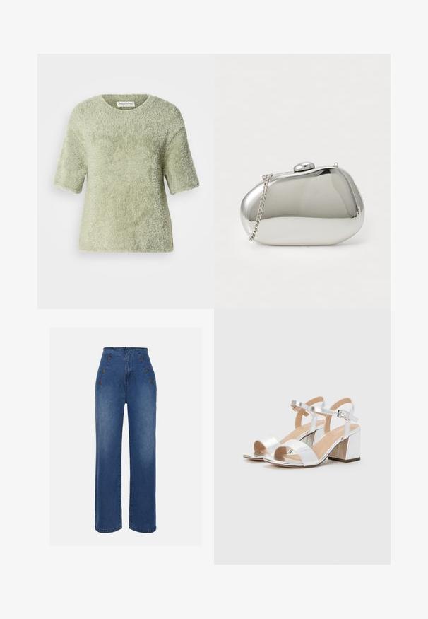 Short-sleeve, fuzzy pullover in light green. Soft texture, crew neck, relaxed fit, with a slightly loose silhouette and no visible hardware.; High-waisted denim jeans in medium blue. Features front button accents and wide-leg design. Fabric has a smooth texture with slight fading.; Silver high-heeled sandals with open toes, featuring two wide straps and a rounded block heel. Smooth texture with metallic finish.; Silver metal clutch with a rounded, smooth shape. Features a clasp closure and a detachable chain strap. Reflective surface with no patterns.