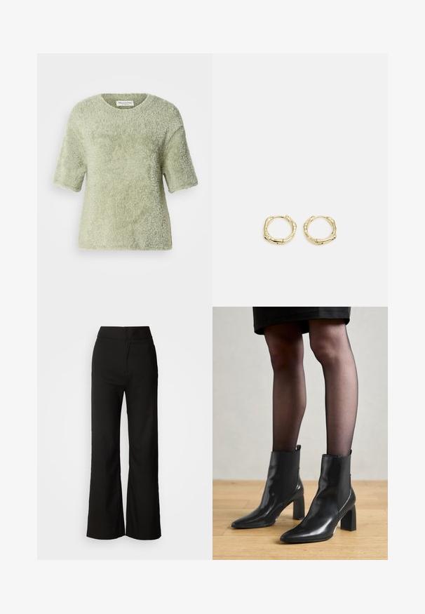 Īsu piedurkņu, mīksts puloveris gaismas zaļā krāsā. Mīksta tekstūra, apaļa kakla izgriezums, atbrīvota piegriezuma, ar nedaudz brīvāku siluetu un bez redzamiem piederumiem.; Melni platlegu bikses ar gludu tekstūru, augsto vidukli un tīru dizainu. Nav redzamu kabatu vai rotājumu.; Melni ādas potīšu zābaki ar izdilušu purngala formu, masīvu kvadrātveida papēdi un elegantu dizainu. Iekļautas elastīgas sānu paneļi, kas nodrošina ērtu uzvilkšanu.; Zelta riņķveida auskari ar tekstūru un neregulāru formu. Iekļauj bezšuvju aizdari un pulētu virsmas apdari, uzsverot mūsdienīgu dizainu.