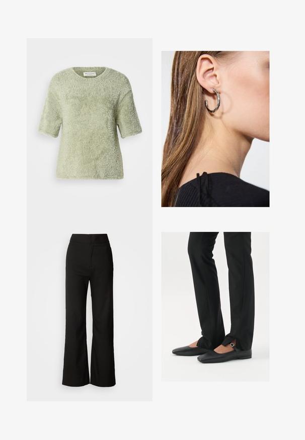 Krátky rukáv, chlpatý pulover svetlozelený. Mäkko textúrovaný, s okrúhlym výstrihom, voľný strih, s mierne voľnou siluetou a bez viditeľného kovania.; Čierne široké nohavice s hladkou textúrou, vysokým pásom a jednoduchým dizajnom. Žiadne viditeľné vrecká ani ozdoby.; Čierne kožené baletky s špicatou špičkou, remienkom so striebornou prackou, skombinované s čiernymi strihovými nohavicami so rozparkom na leme.; Strieborná kruhová náušnica s lesklým povrchom, obsahujúca malé zlaté akcenty a okrúhly tvar, nosená na lalôčiku ucha.