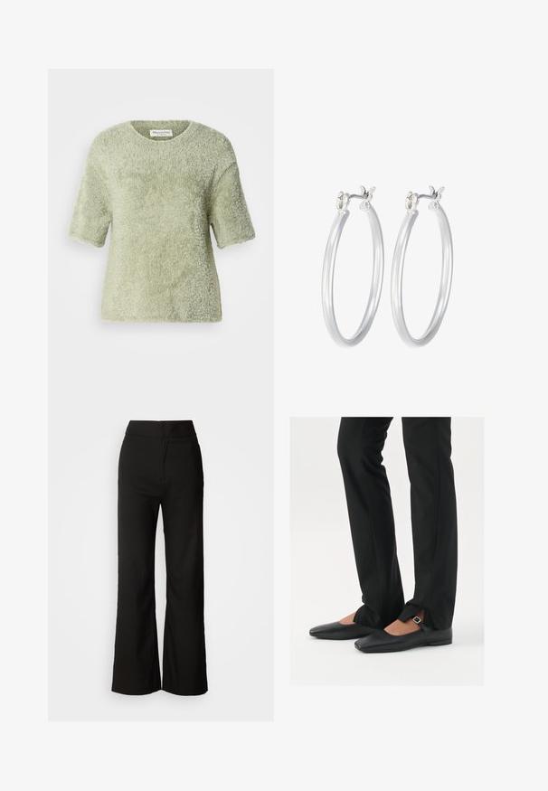 Lühikeste varrukatega pehme, karvane tõmblukk kerge rohelise värviga. Pehme tekstuur, ümar kaelus, mugav istuvus, veidi lõdvem siluett ja ilma nähtavate detailideta.; Mustad laiad püksid sujuva tekstuuriga, kõrge vöökoht ja puhas disain. Ei ole nähtavaid taskuid ega dekoreerimist.; Mustadast mustast nahast balletkingad terava ninaga, millel on rihm hõbedase klambriga, kokku sobitatud mustade ülikondpükstega, millel on lõhiku serv.; Hõbedased rõngaskõrvarõngad, millel on sile, läikiv viimistlus. Ümmargune kuju ja turvaline klõpsulatus. Kerge disain, sobib igapäevaseks kandmiseks.