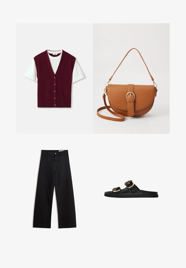 Bordowy sweter bez rękawów z dekoltem w kształcie V, krótkimi białymi rękawami i zapięciem na guziki. Gładka tekstura z prążkowanym dołem i pięcioma dekoracyjnymi guzikami.; Czarne dżinsowe spodnie o szerokich nogawkach i wysokim stanie, z przednimi i tylnymi kieszeniami, przeszyciami oraz zapięciem na guziki. Gładka struktura.; Czarne klapki z dwoma złotymi klamrami, gładki materiał, płaska podeszwa i minimalistyczny design.; Brązowa skórzana torba na ramię o zaokrąglonym kształcie, ze złotymi akcentami i zapięciem w formie klamry. Posiada odpinany pasek na ramię.