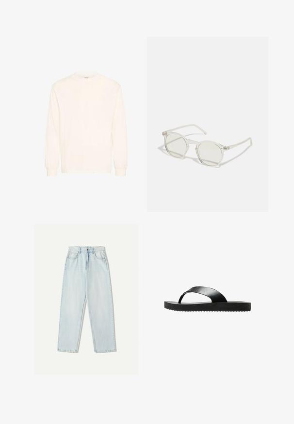 Langärmliges Shirt aus off-weißem Baumwollstoff mit einem Rundhalsausschnitt und elastischen Bündchen, das ein minimalistisches Design und eine sanfte Textur aufweist.; Helle blaue Denim-Jeans mit lässiger Passform, geradem Beindesign, Fünf-Taschen-Stil und dezentem Verblassen des Stoffes.; Schwarze Flip-Flop-Sandale mit flacher Sohle, aus einem glatten Material gefertigt. Verfügt über ein minimalistisches Design mit einem einzelnen Riemen und einer strukturierten Unterseite.; Runde Sonnenbrillen mit transparentem Rahmen, hellgrünen Gläsern und dünnen, klaren Bügeln. Besitzt dezente Hardware-Elemente am Rahmen.