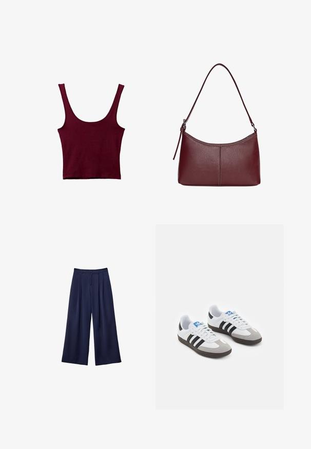 Burgunderfarbene Tanktop mit breiten Trägern, einem U-Boot-Ausschnitt und einer schmalen Silhouette. Hergestellt aus weichem, dehnbarem Material mit glatter Textur.; Marineblaue weite Hosen mit Falten, Knopfverschluss und Gürtelschlaufen, flach auf einem weißen Hintergrund präsentiert.; Sportschuhe mit einem Obermaterial aus weißem Leder, grauer Wildleder-Zehenkappe und drei schwarzen Streifen. Sie verfügen über ein blaues Logo auf der Zunge und eine strukturierte Gummisohle.; Bordeauxfarbene Ledertasche mit geschwungener Form, einem einzigen Schulterriemen und gesteppten Details in der Mitte. Glatte Textur, minimales Zubehör.