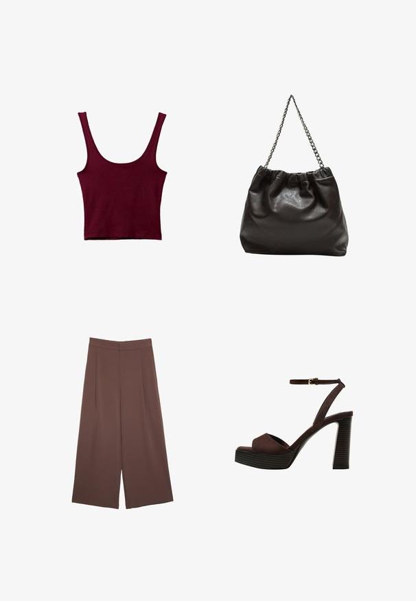 Burgundowy top na ramiączkach z szerokimi paskami, okrągłym dekoltem i dopasowanym krojem. Wykonany z miękkiego, elastycznego materiału o gładkiej fakturze.; Brązowe spodnie o szerokich nogawkach z gładką fakturą, z wysokim stanem i plisami z przodu. Materiał jest lekki i luźno opada.; Brązowe zamszowe sandały na wysokim obcasie z odkrytymi palcami, regulowanym paskiem na kostce i paskowatą podeszwą.; Brązowa skórzana torba z marszczonym szczytem i łańcuszkowym paskiem. Gładka tekstura z błyszczącym wykończeniem i subtelnymi detalami szwów po bokach.