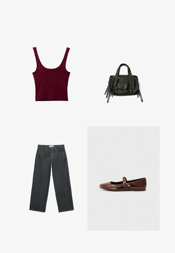 Burgundijska majica bez rukava s širokim naramenicama, okruglim izrezom i prilagođenim siluetom. Izrađena od mekog, rastezljivog materijala s glatkom teksturom.; Tamno sivi široki traperice napravljene od denima, s visokim strukom, pet džepova i vidljivim šavovima duž šavova.; Smeđe lakirane balerinke s kvadratnim vrhom i trakicom koja sadrži mali zlatni kopču. Glatka tekstura, niska potpetica i minimalistički dizajn.; Crna kožna torba s pletenim ručkama, džepom na zatvarač i visećim resicama. Teksturirana površina s metalnim zakovicama i hardverskim naglascima.