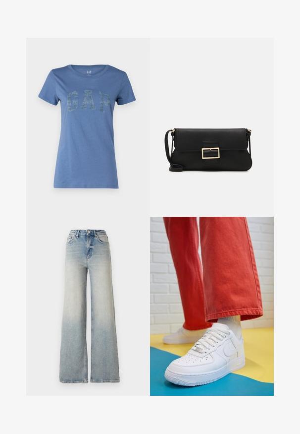 Blue cotton T-shirt featuring a round neckline and short sleeves, with a prominent "GAP" logo in a textured design across the front.; Light blue wide-leg jeans made of denim, featuring a high waist, five pockets, and visible stitching along the seams.; White leather sneaker with perforated toe box, textured sole, and white laces, paired with wide red pants and a blue and yellow background.; Black leather clutch bag with a flap and a gold metal buckle detail. Includes a black strap and a sleek, minimalist design.; Gold-colored hoop earrings, thin and round in shape, with a smooth metallic finish and no embellishments or patterns.