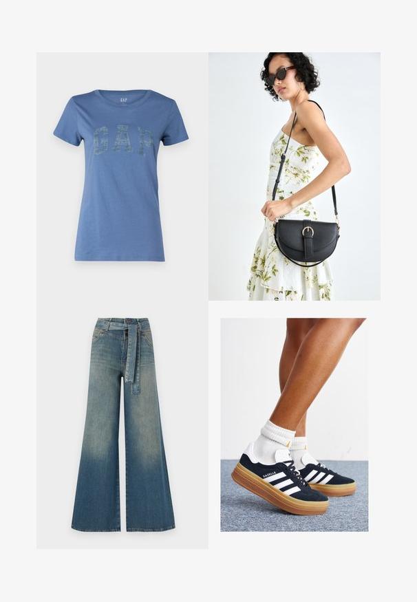 Blaues Baumwoll-T-Shirt mit rundem Ausschnitt und kurzen Ärmeln, mit einem auffälligen "GAP"-Logo in texturiertem Design auf der Vorderseite.; Weit geschnittene Denim-Hosen mit einem Farbverlauf von hellblau zu dunkelblau, hoher Taille, Gürtelschlaufen und einem passenden Stoffgürtel. Strukturierte Denim-Oberfläche.; Schwarze Wildledersneaker mit weißen Streifen und Akzenten, rundlicher Zehenbereich, Sohlen aus braunem Gummi, kombiniert mit weißen, gerippten Sneakersocken.; Schwarze Lederhandtasche mit geschwungener Form, abnehmbarem Tragegurt und goldenen Beschlägen. Die Tasche verfügt über einen Deckel mit einer Schnallen-Details.