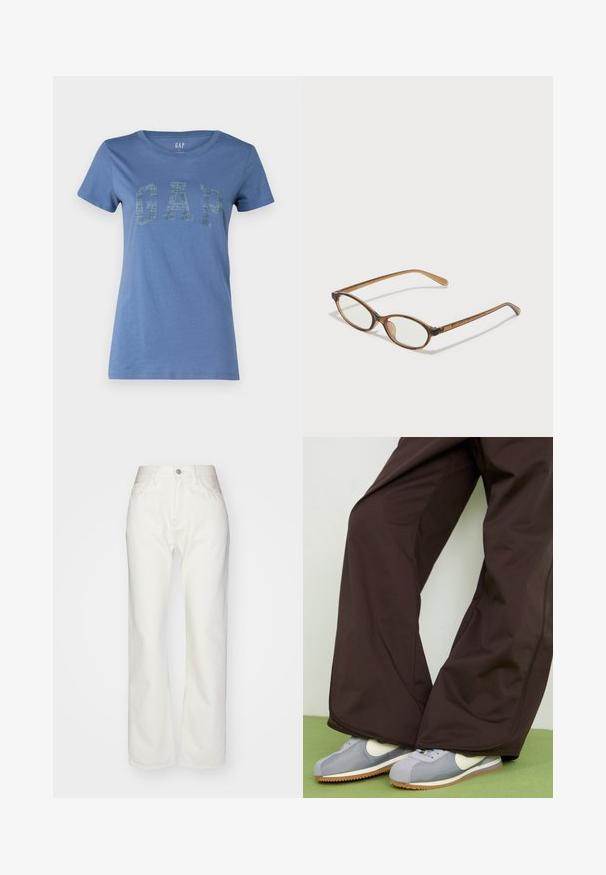 Camiseta de algodón azul con cuello redondo y mangas cortas, con un destacado logo "GAP" en un diseño texturizado en la parte frontal.; Pantalones de mezclilla blanca con una alta cintura y un ajuste de pierna ancha. Presenta un cierre de botón y cremallera, presillas para cinturón y detalles de costura sutil.; Pantalones de pierna ancha marrones con textura suave y detalles en las costuras laterales, combinados con zapatillas de estilo retro en gris y blanco con suela de goma.; Gafas de carey marrón con lentes ovalados, patas delgadas y acentos transparentes. Presenta un sutil logo en la varilla. Diseño elegante y ligero.
